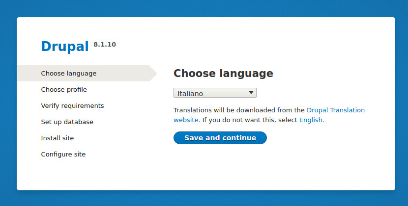 Come installare Drupal 8: scelta della lingua
