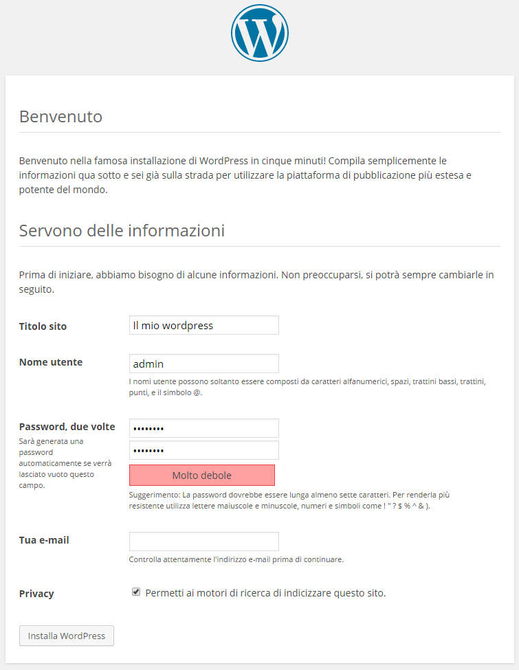 Configurazione utente amministratore