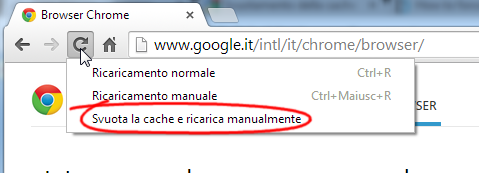 Tenere premuto il tasto sinistro del mouse sul pulsante Ricarica pagina