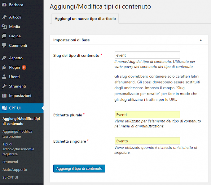 Custom post type UI, creazione tipo custom