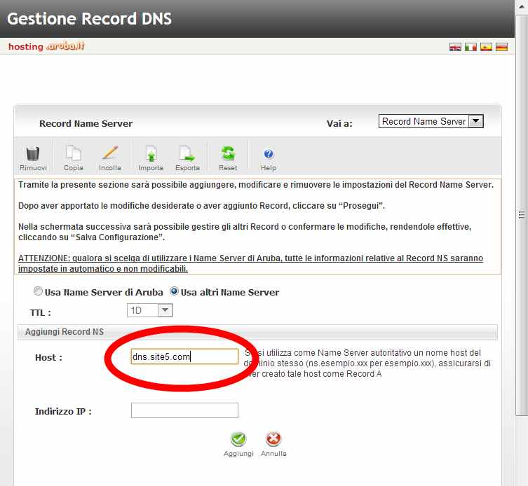 Inserisci il Name Server nel campo Host o Indirizzo IP